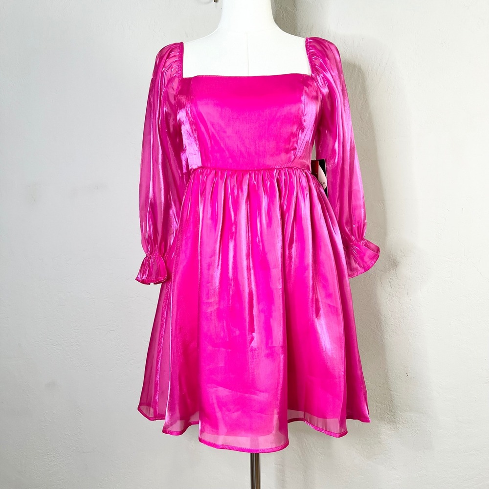 Inspired Hearts Mini Dress Pink Shimmer‎ Square Neck Smocked Waist Puff Sleeve M